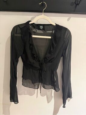 wild fable Black Sheer Ruffle Tie-Front Blouse